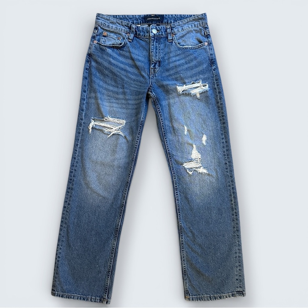Aeropostale Y2K Baggy Wide Leg Distressed Jeans Med Blue Wash Size 6